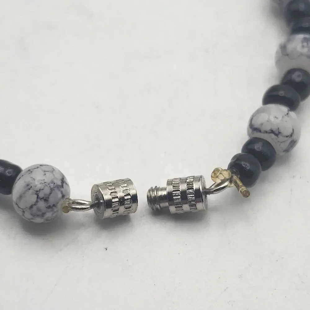 Black White Marbled Bead Bracelet Screw Clasp Costume Jewelry Unisex 6.5 Inch